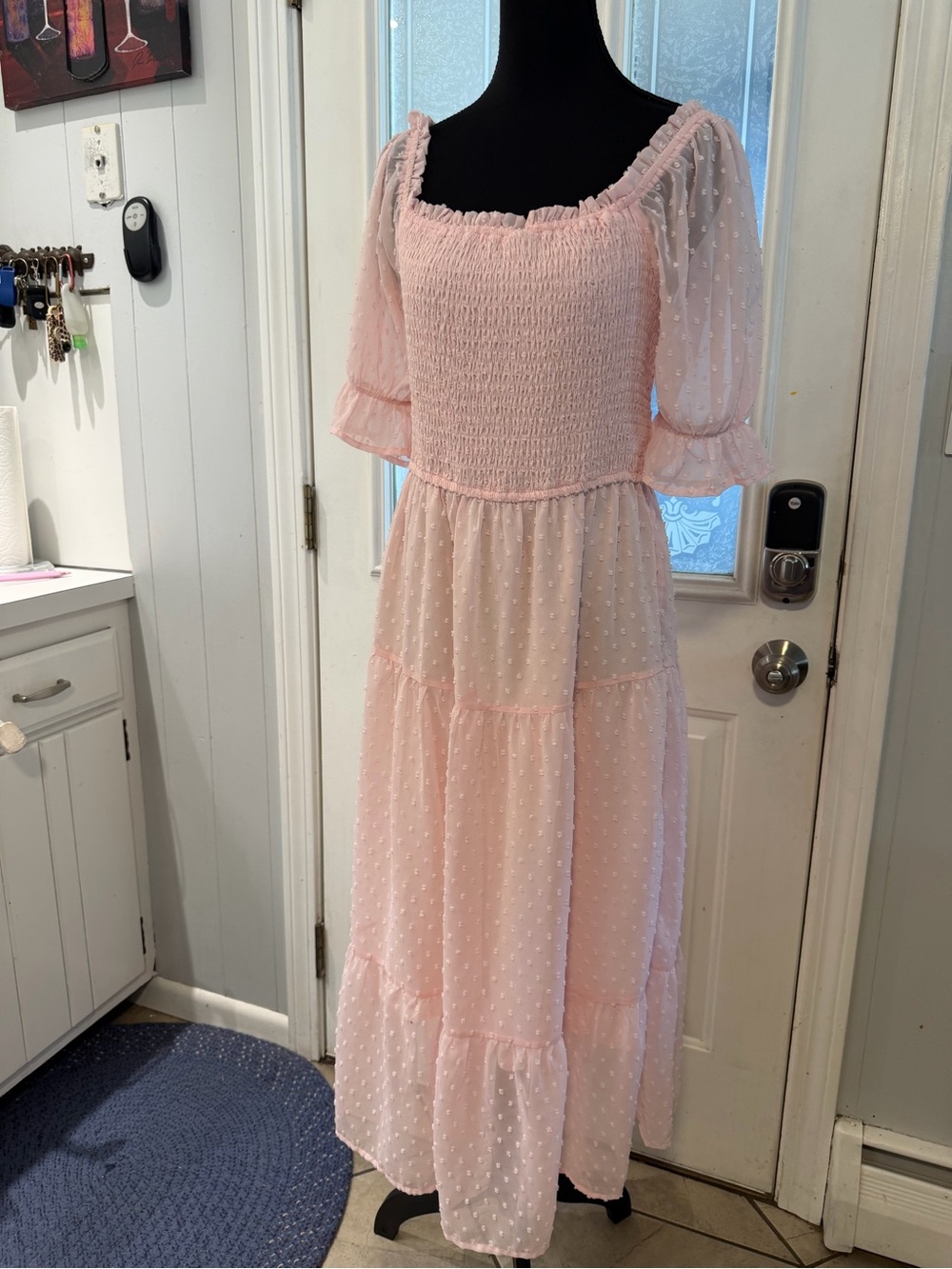 Smocked Swiss Dot Maxi Dress in Light Pink - Picture 3 of 9